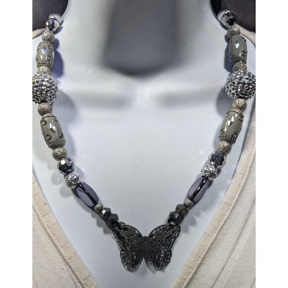 Handmade Fairycore Chunky Butterfly Silver Tone Beaded Necklace - Picture 2 of 5